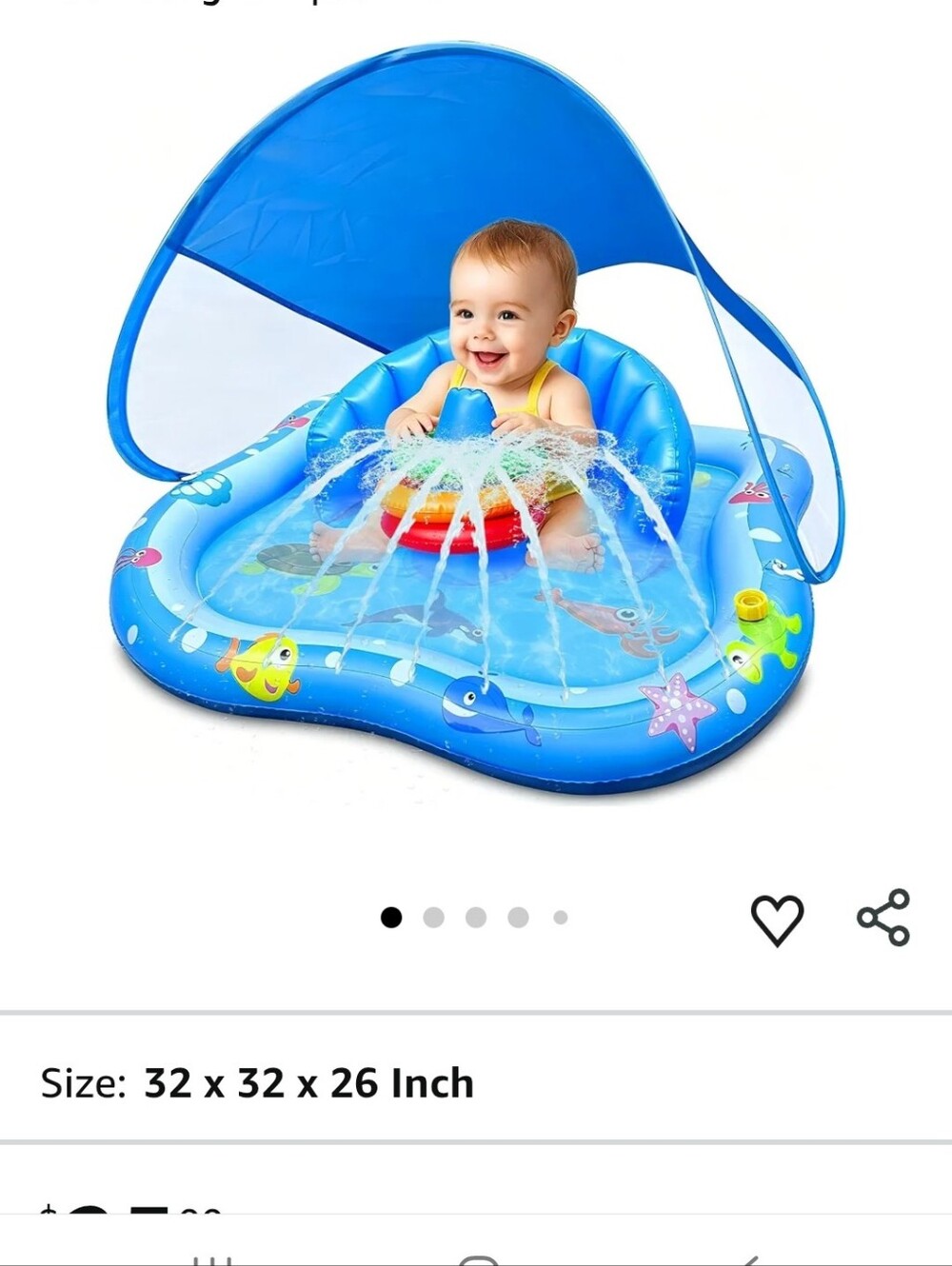 Blue Inflatable Baby Splash Pool with Canopy and Ring Seat